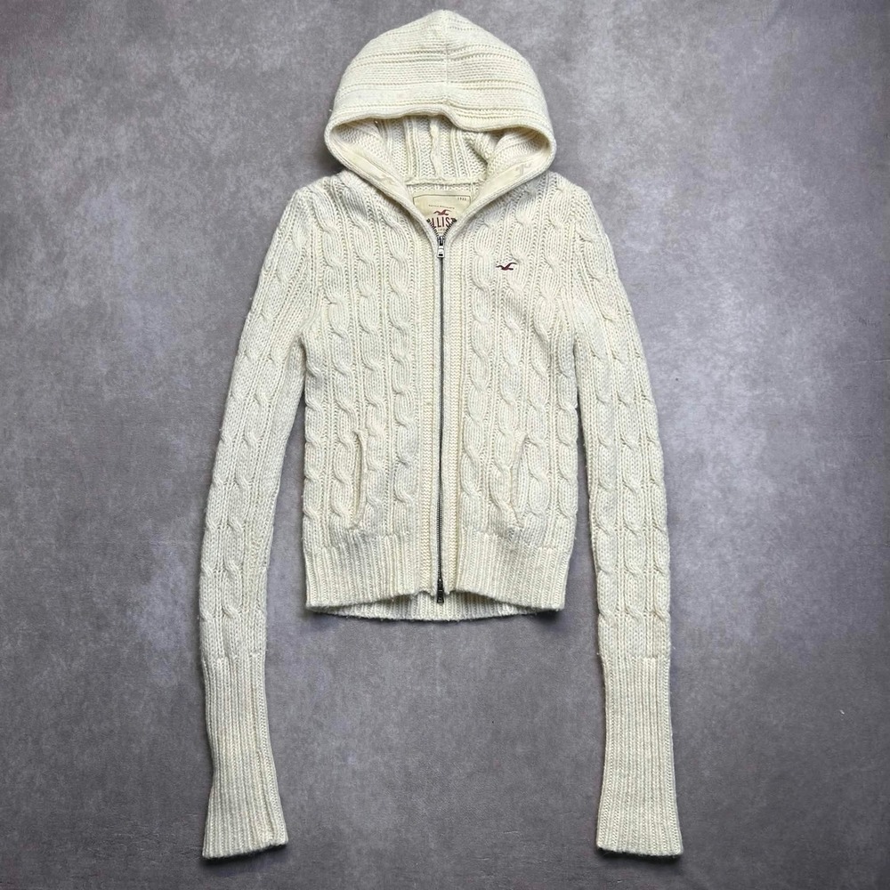 Hollister Women Cream Cable Knit Full Zip Wool Blend Hoodie Sweater Large